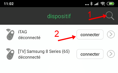 Capture d'écran montrant comment connecter l'itag a l'application