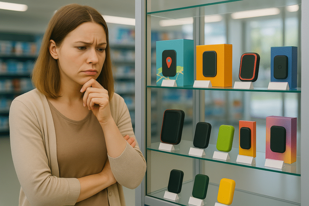 Femme hésitante devant une vitrine colorée de traceurs GPS de différentes formes et marques, illustrant l'article comment choisir un traceur GPS