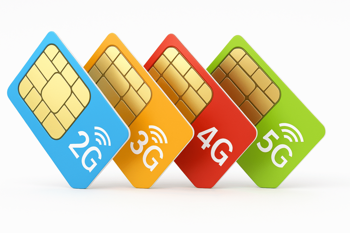 4 cartes SIM colorées pour illustrer l'article "Quelle carte SIM pour traceur GPS"