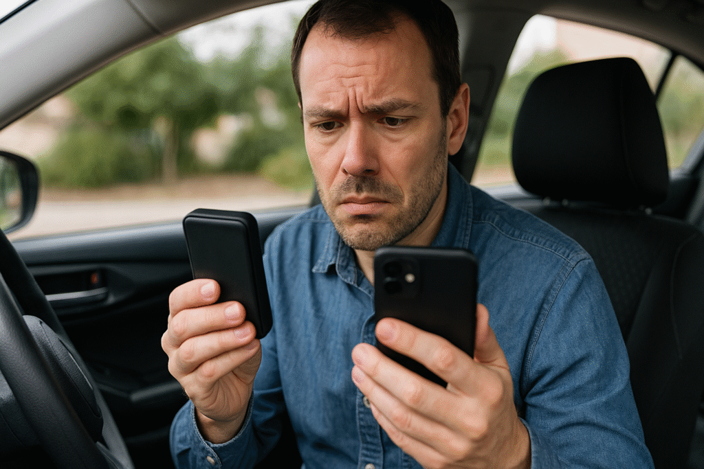 Homme en difficulté pour démarrer son traceur WINNES GPS dans sa voiture