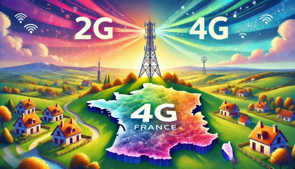 Illustration du passage de la 2G à la 4G en France, symbolisant le démantèlement des anciens réseaux et la généralisation du traceur GPS 4G en 2025